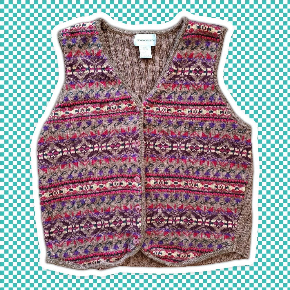 VTG 90s Knit Abstract and Floral Pattern Button Down Vest by Marconi Sz L